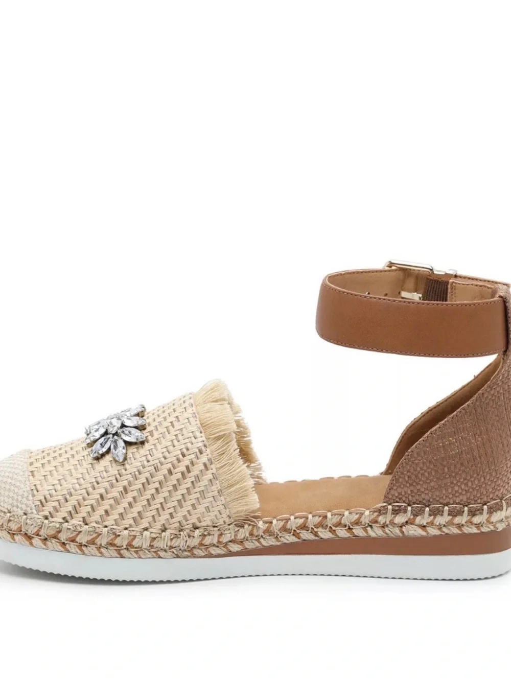 Crown Vintage Beige and Tan Jeweled Espadrille Ankle-Strap Flats